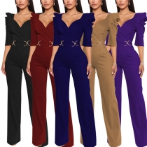 Sexy Solid Color V-neck Puff Elbow Sleeve Wide-leg Jumpsuit
