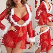 Sexy Plush Spliced Lace Red Three-piece Lingerie Set
