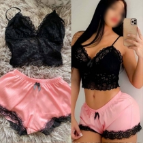 Sexy Lace Spliced Two-piece Lingerie Set Consist of Lace Crop Top and Lace Spliced Shorts