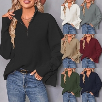 Fashion Solid Color Half-zipper Long Sleeve Sweater