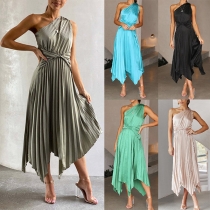 Sexy Solid Color One-shoulder Sleeveless Irregular Hemline Pleated Dress