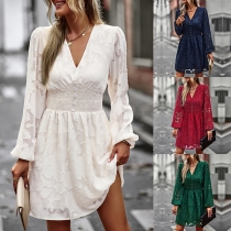 Fashion Floral Smocked V-neck Long Sleeve Mini Dress