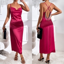 Sexy Drape Neck Backless Tassel Chain Slit Satin Dress