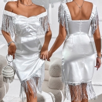 Sexy Sweetheart Neck Tassel Satin Dress