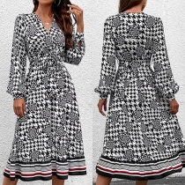 Bohemia Style Floral Printed V-neck Long Sleeve Midi-dress