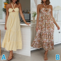 Fresh Style Floral Printed Halterneck Backless Midi-dress