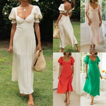 Casual Solid Color Sweetheart Neck Short Sleeve Criss-cross Backless Summer Dress
