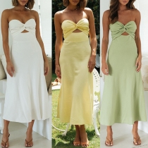 Sexy Solid Color Knot-knit Strapless Cutout Midi-dress