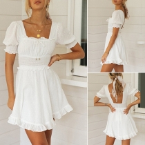 Sweet Style Swiss-dot Short Sleeve Ruffle Backless Dress