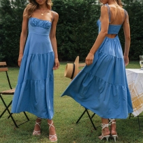 Fashion Solid Color Ruched Backless Tiered Slip Dress
