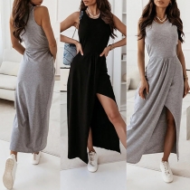 Fashion Solid Color Round Neck Sleeveless Slit Tank Dress