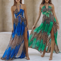 Bohemia Style Floral Printed Leopard Printed Halter Neck Backless Slit Maxi Dress