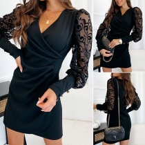 Fashion Ruched V-neck Gauze Spliced Long Sleeve Bodycon Dress