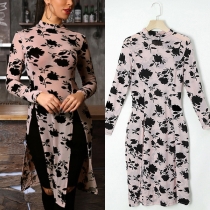 Street Fashion Floral Printed Mock Neck Long Sleeve Slit Shirt