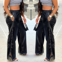 Street Fashion Rivet Slit Wide-leg Artificial Leather PU Pants