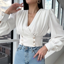 Sexy Semi-through Gauze Spliced Long Sleeve V-neck Shirt