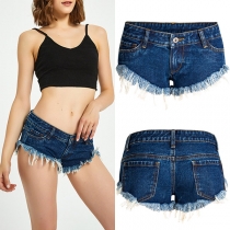 Gatumode hotpants pendek denim Low-rise yang terkelupas