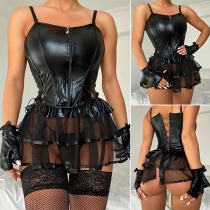 Sexy Semi-through Gauze Spliced Ruffle Hemline Lace-up Lingerie Dress
