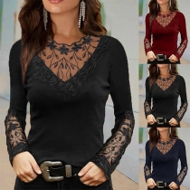 Fashion Lace Spliced Round Neck Long Sleeve Shirt