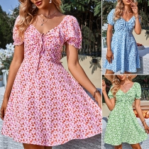 Fashion Floral Printed Self-tie V-neck Short Sleeve Fit & Flare Dress