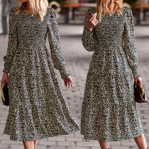 Elegant Floral Printed Round Neck Long Sleeve Midi Dress