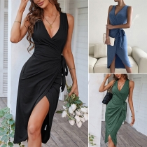 Sexy Solid Color V-neck Sleeveless Self-tie Slit Wrap Dress