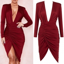 Sexy Solid Color Plunge V-neck Long Sleeve Ruched Irregular Hemline Dress