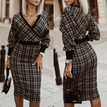 Elegant Plaid V-neck Long Sleeve Bodycon Dress
