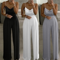 Fashion Draped Neck Wide-leg Pearl Shoulder Strap Jumpsuit