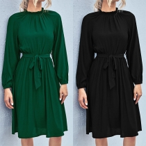 Casual Solid Color Round Neck Long Sleeve Self-tie Dress