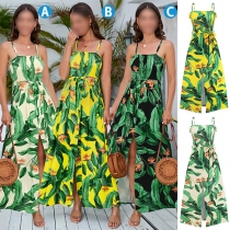 Fashion Floral Printed Smocked Slit Self-tie Slip Dress