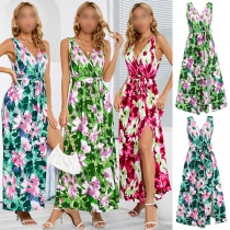Bohemia Style Floral Printed V-neck Self-tie Slit Dress
