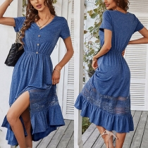 Elegant V-neck Short Sleeve Lace Spliced Slit Midi-dress