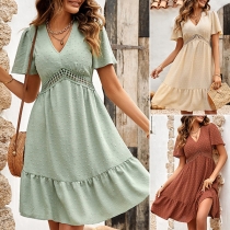 Fashion Solid Color Swiss-dot V-neck Short Sleeve Lace Spliced Dress