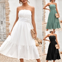 Sexy Solid Color Strapless Smocked Midi Dress