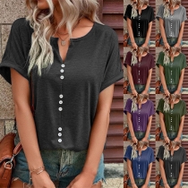 Casual Solid Color Buttoned  V-neck Short Sleeve Shirt