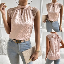 Fashion Leopard Printed Lace Spliced Mock Neck Shirt