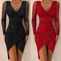 Fashion Bling-bling Lace Spliced Ruched Irregular Hemline Bodycon Dress