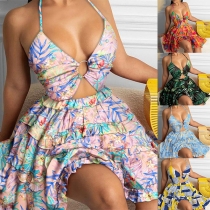 Fashion Floral Printed O-ring Halter Dress