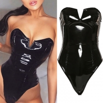 Sexy Slit V-neck Strapless Artificial Leather PU Bodysuit