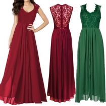 Fashion Lace Spliced Solid Color V-neck Sleeveless Maxi Dress