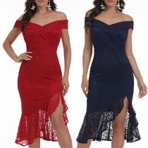 Sexy Solid Color Lace Off-the-shoulder Slit Lace Dress
