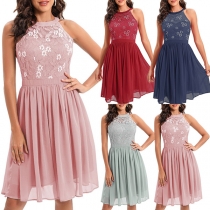 Fashion Solid Color  Floral Lace Spliced Chiffon Mini Dress