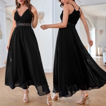 Fashion Solid Color Lace Spliced Hollow-out Slip Dress