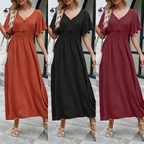 Fashion Solid Color Swiss-dot V-neck Short Sleeve Midi Dress