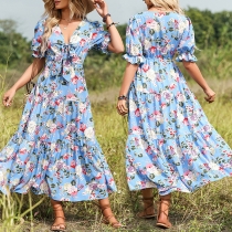 Fresh Style Floral Printed V-neck Short Sleeve Midi Dress