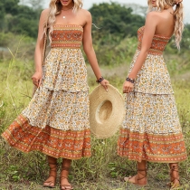 Bohemia Style Floral Printed Strapless Tiered Midi Dress
