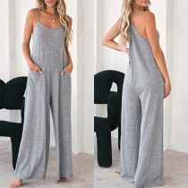 Casual Solid Color Patch Pocket Wide-leg Loose Jumpsuit