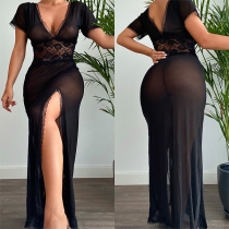 Sexy Lace Spliced V-neck Short Sleeve High-slit Semi-through Nightwear Dress