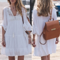 Fashion Floral Crochet Spliced Elbow Sleeve Tiered Cover-up Dress